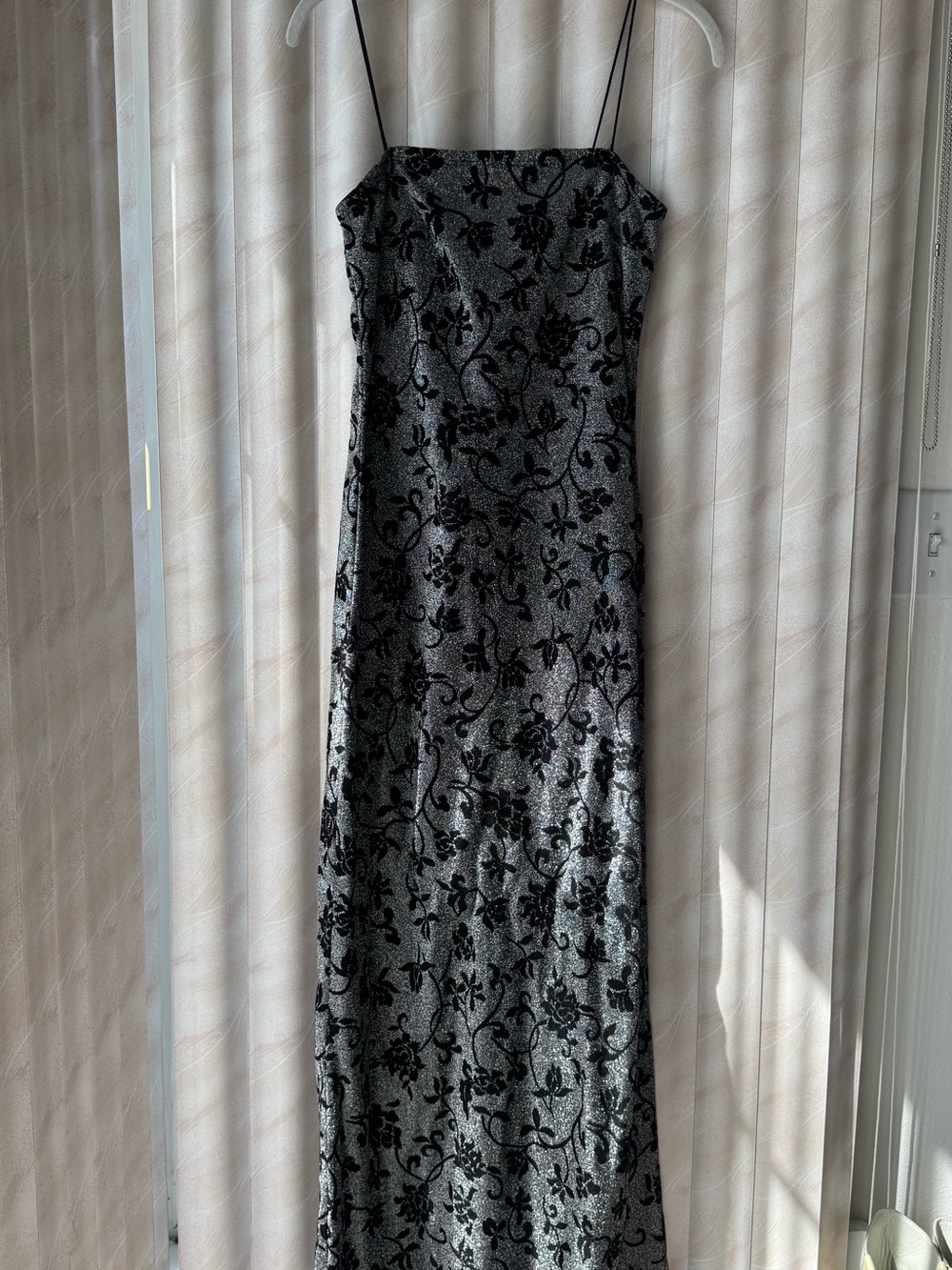 Vintage 90s Silver & Black Floral Dress with Spaghetti Straps